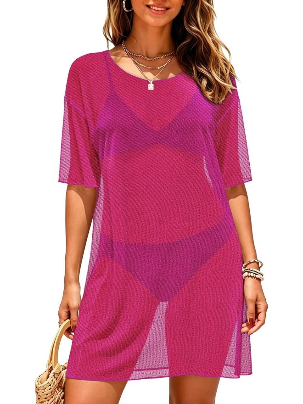 Women's Rose Red Round Neck Mesh Summer Sheer Stretch Short Sleeve Cover Up